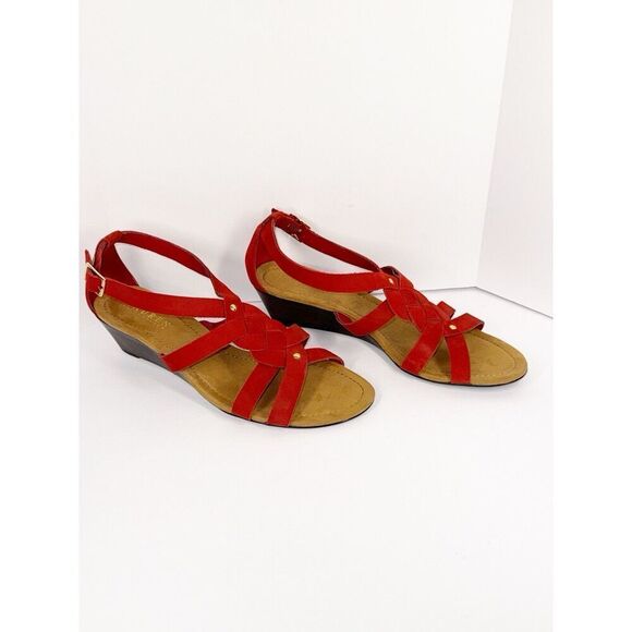 Ralph Lauren Demi Wedge Sandal Red Leather Strappy Gold Buckle Comfort 9.5 B - Picture 2 of 16